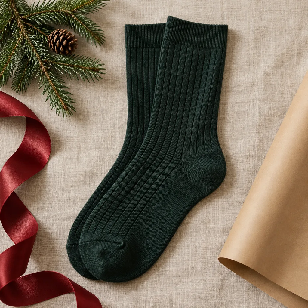 Representative photo-style image of elegant ribbed dress crew socks — generated, not a specific product