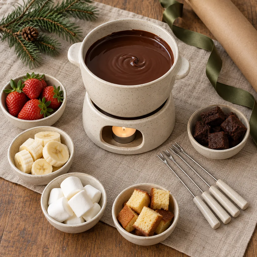 Representative photo-style image of elegant stoneware dessert fondue set — generated, not a specific product