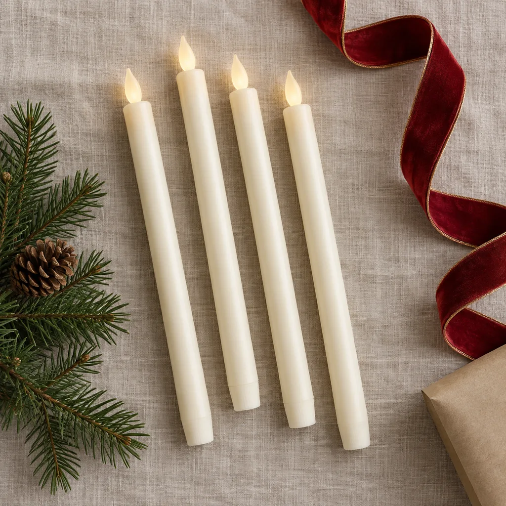 Representative photo-style image of flameless taper candles — generated, not a specific product