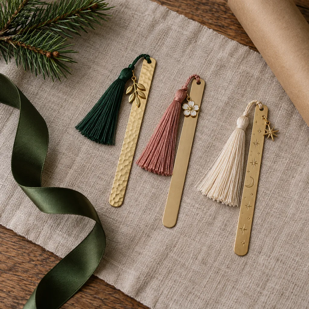 Representative photo-style image of elegant tassel bookmarks with charms — generated, not a specific product