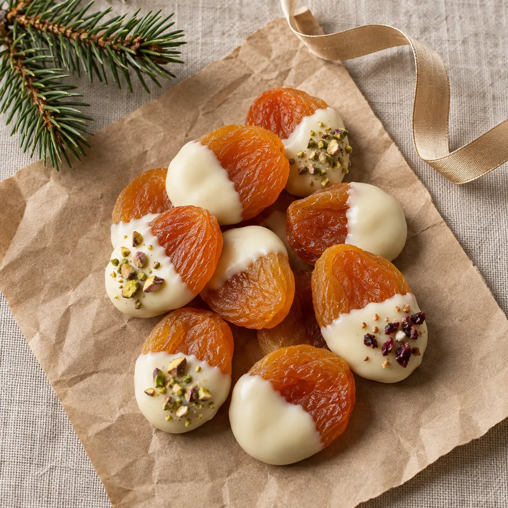 Representative photo-style image of elegant white chocolate dipped dried apricots — generated, not a specific product