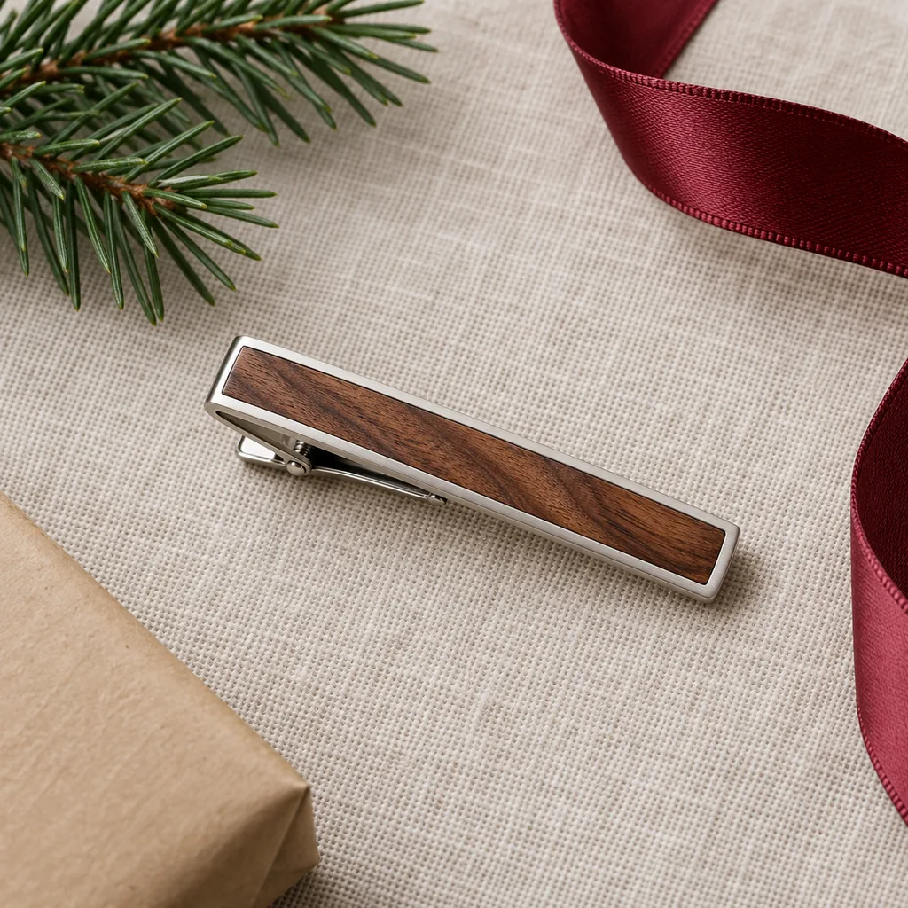 Representative photo-style image of elegant wood inlay tie clip — generated, not a specific product