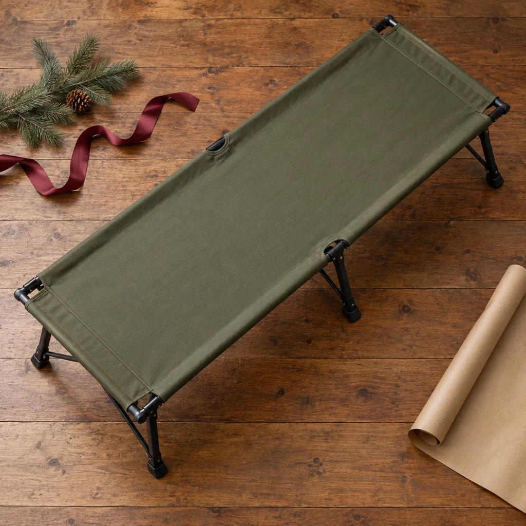 Representative photo-style image of elevated camping cot — generated, not a specific product
