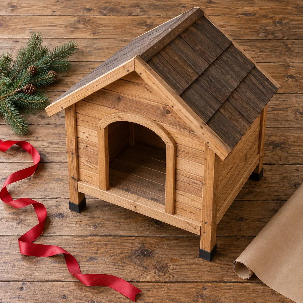 Representative photo-style image of elevated dog house — generated, not a specific product