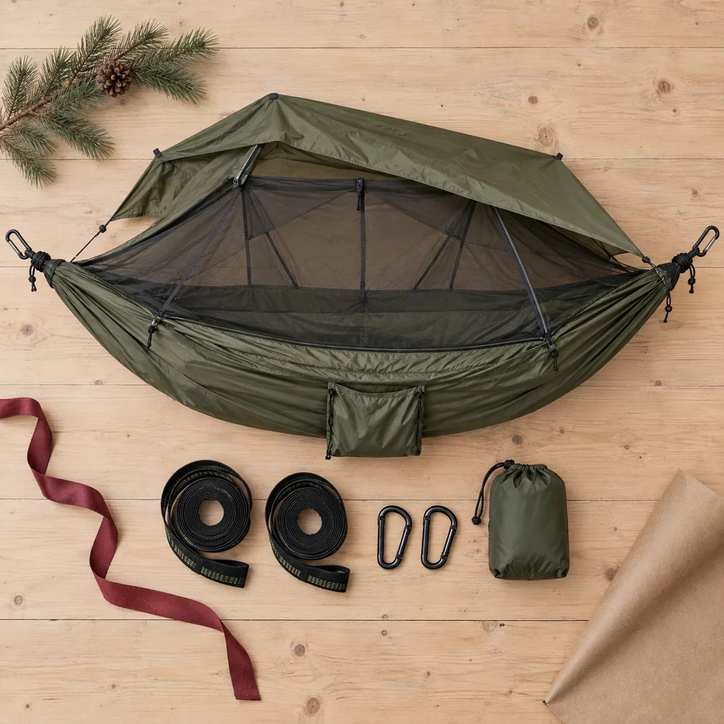 Representative photo-style image of elevated hammock tent system — generated, not a specific product