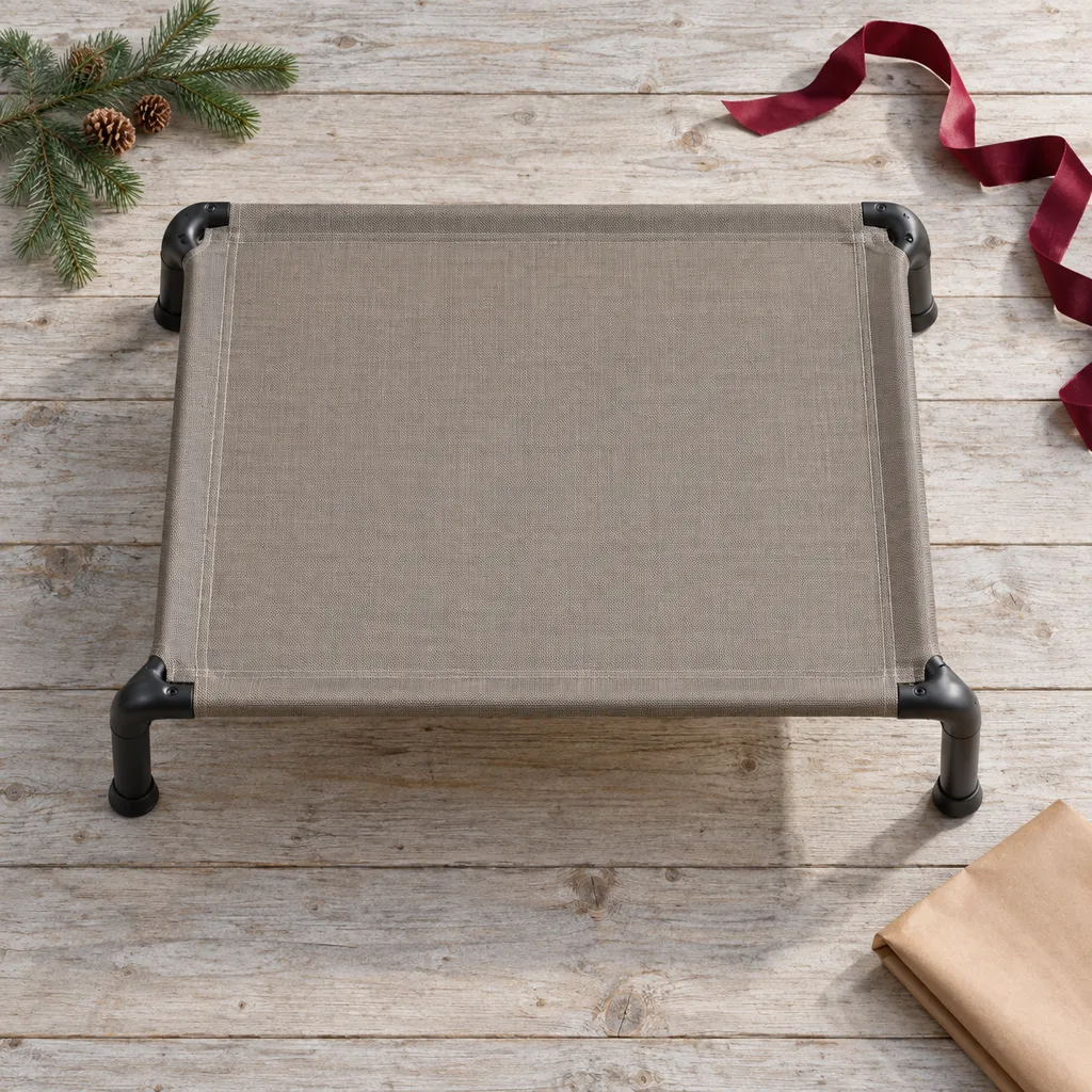 Representative photo-style image of elevated outdoor pet cot — generated, not a specific product