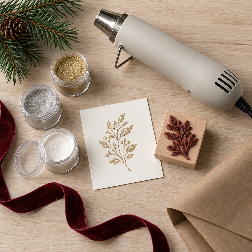 Representative photo-style image of embossing powder and heat tool kit — generated, not a specific product