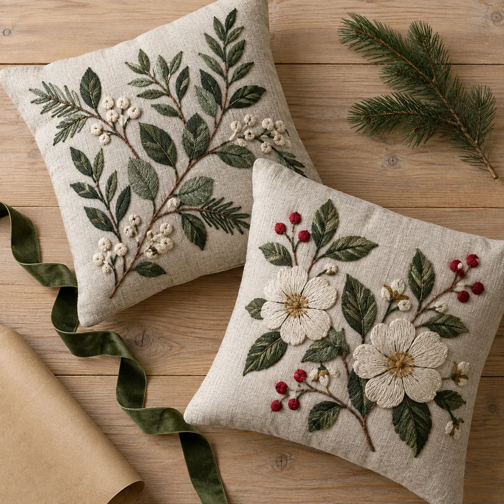 Representative photo-style image of embroidered decorative throw pillows — generated, not a specific product