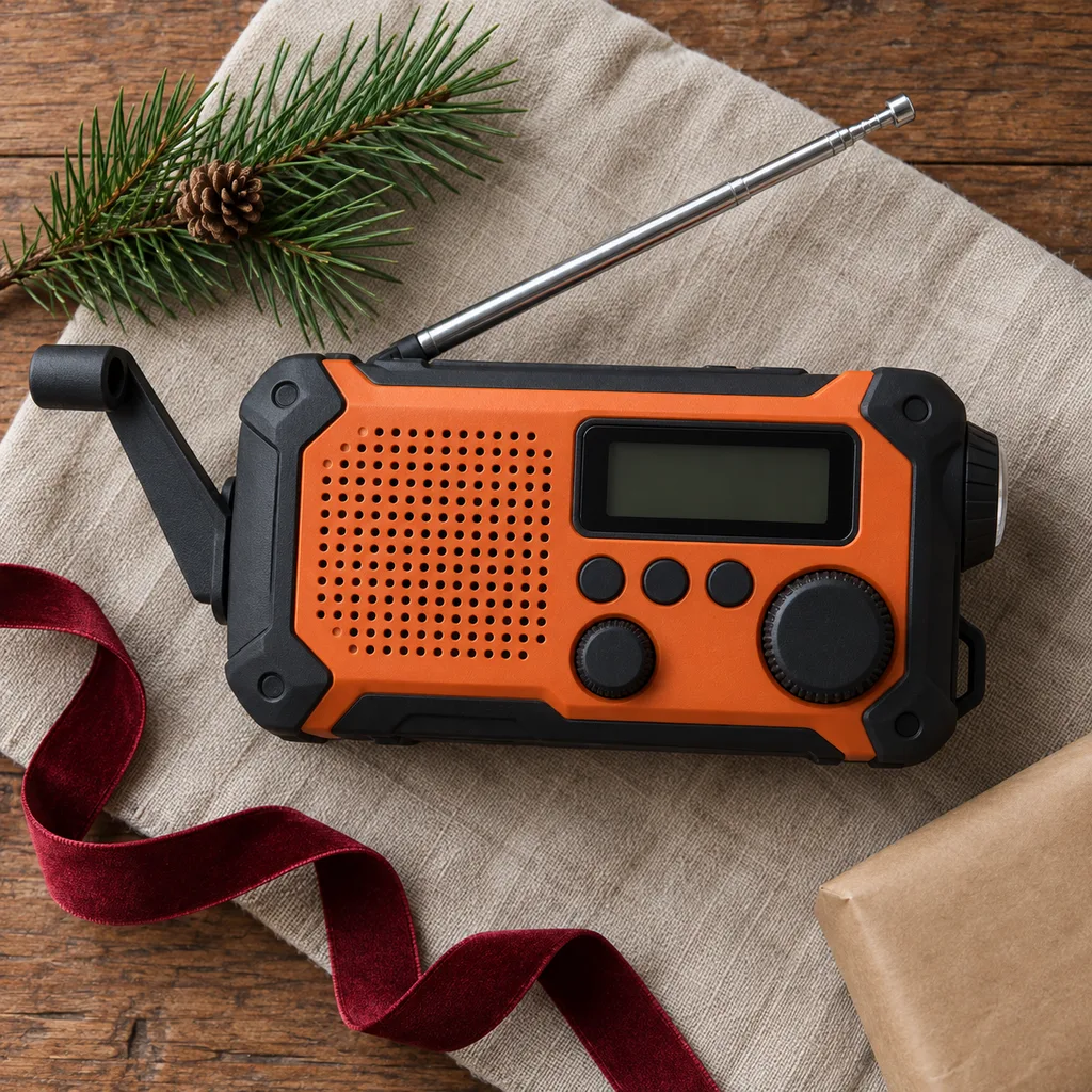 Representative photo-style image of emergency weather radio — generated, not a specific product