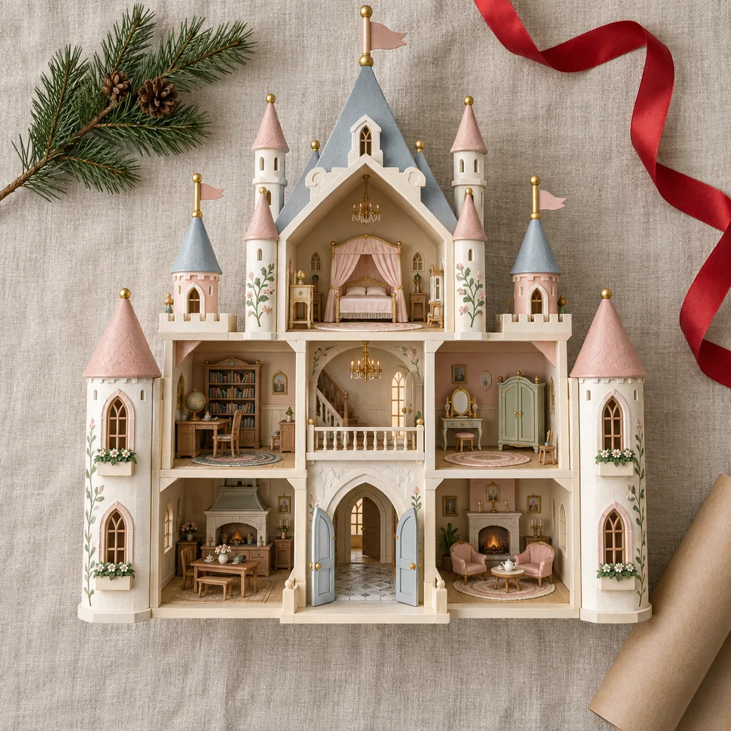 Representative photo-style image of enchanted castle or fantasy dollhouse — generated, not a specific product