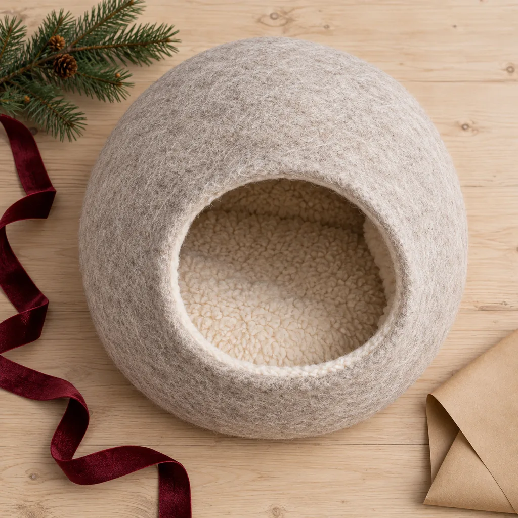 Representative photo-style image of enclosed cozy cat cave bed — generated, not a specific product
