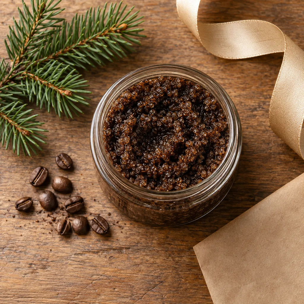 Representative photo-style image of energizing coffee bean body scrub — generated, not a specific product