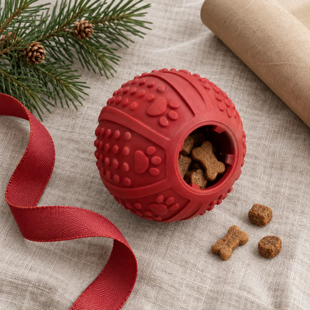Representative photo-style image of engaging treat dispensing ball — generated, not a specific product