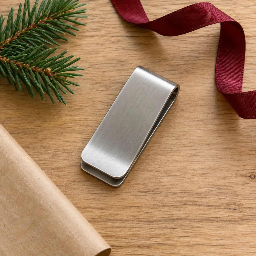 Representative photo-style image of stainless steel money clip — generated, not a specific product