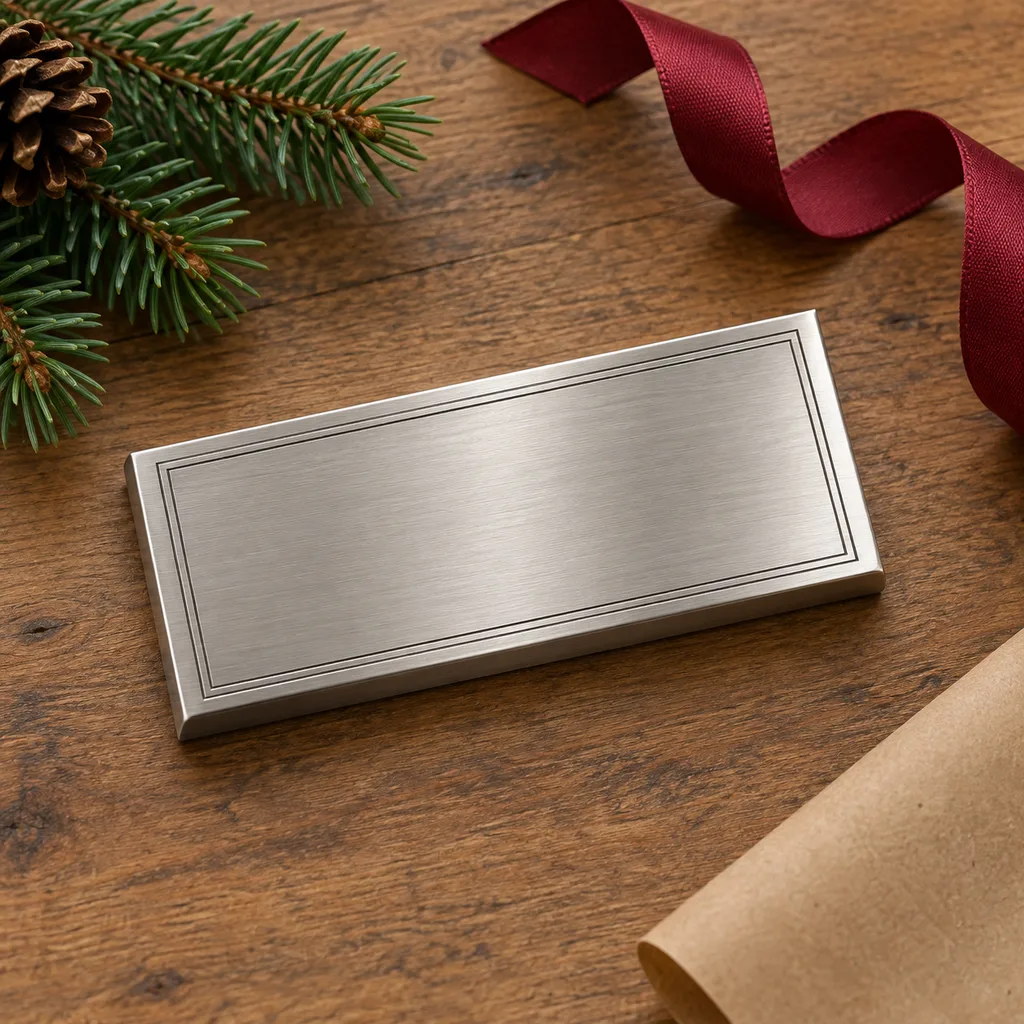 Representative photo-style image of engraved metal name block — generated, not a specific product