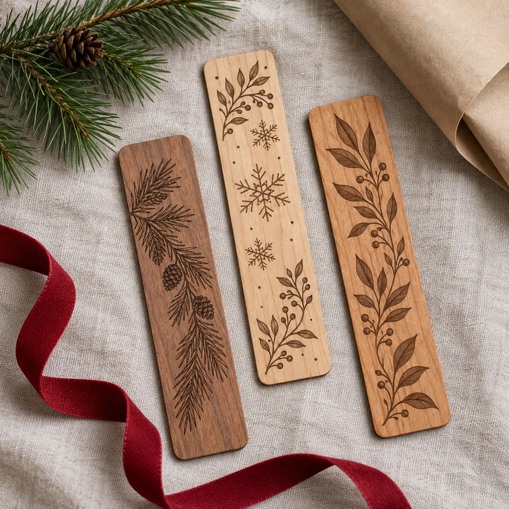 Representative photo-style image of engraved wooden bookmarks — generated, not a specific product