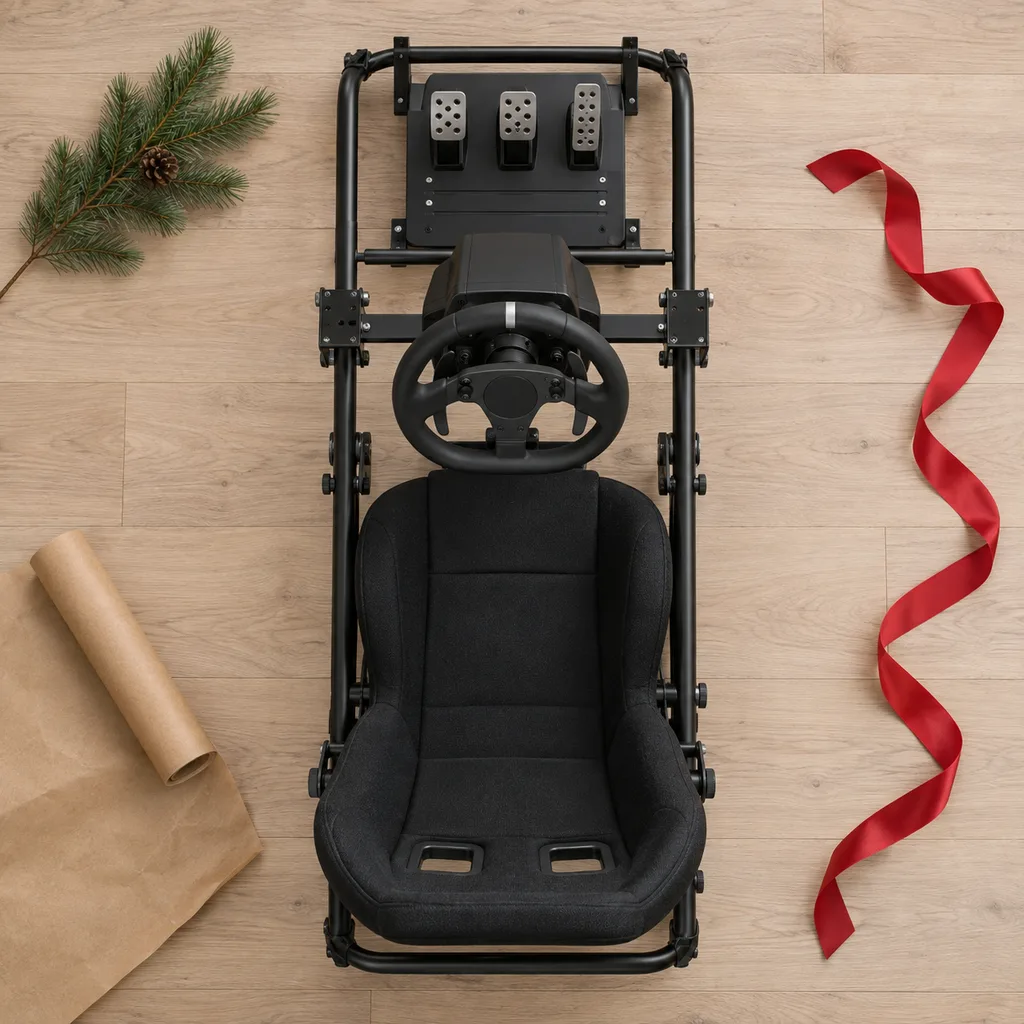 Representative photo-style image of entry-level sim racing cockpit — generated, not a specific product