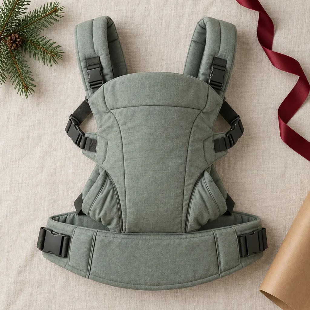 Representative photo-style image of ergonomic buckle baby carrier — generated, not a specific product