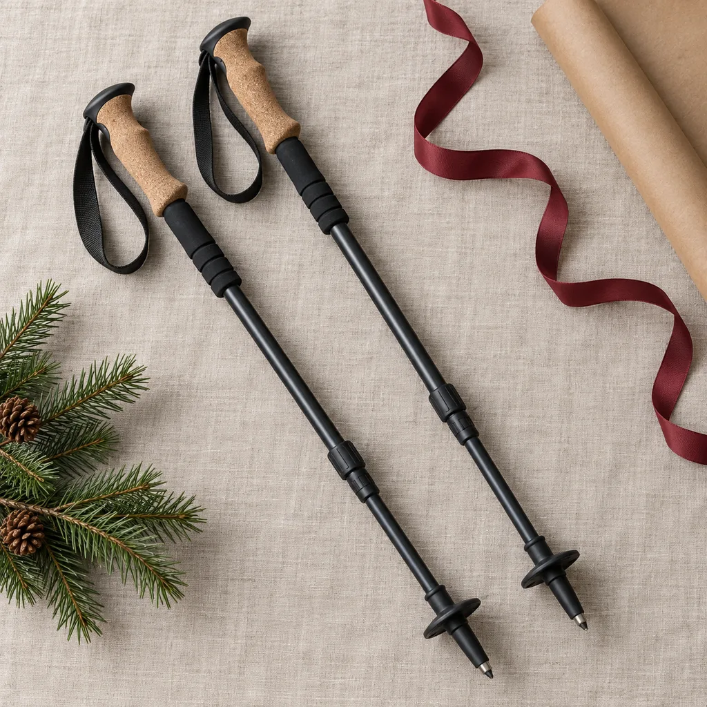Representative photo-style image of ergonomic cork grip hiking poles — generated, not a specific product