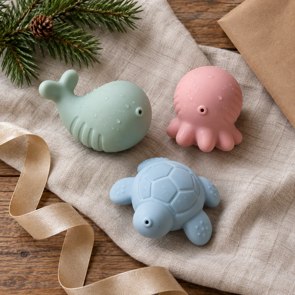 Representative photo-style image of ergonomic hand squirter toys — generated, not a specific product