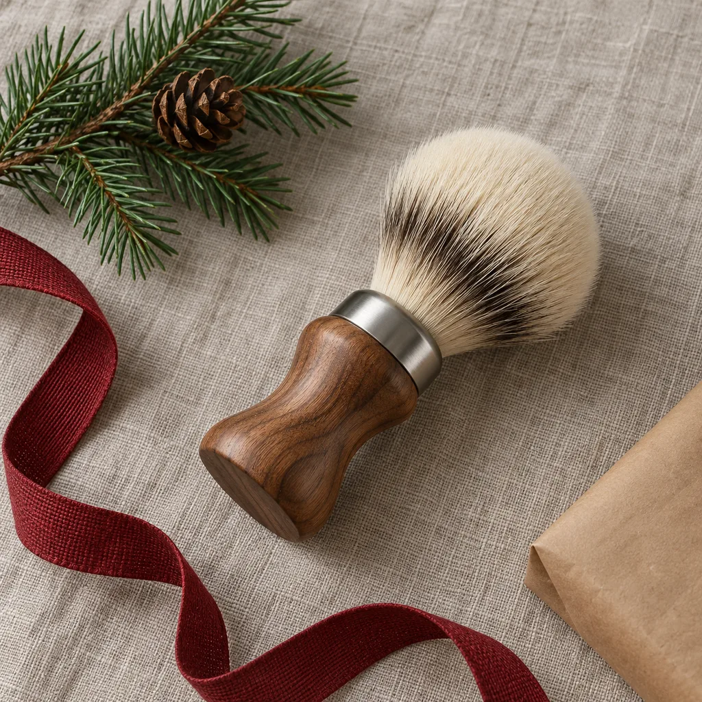 Representative photo-style image of ergonomic handle shaving brush — generated, not a specific product