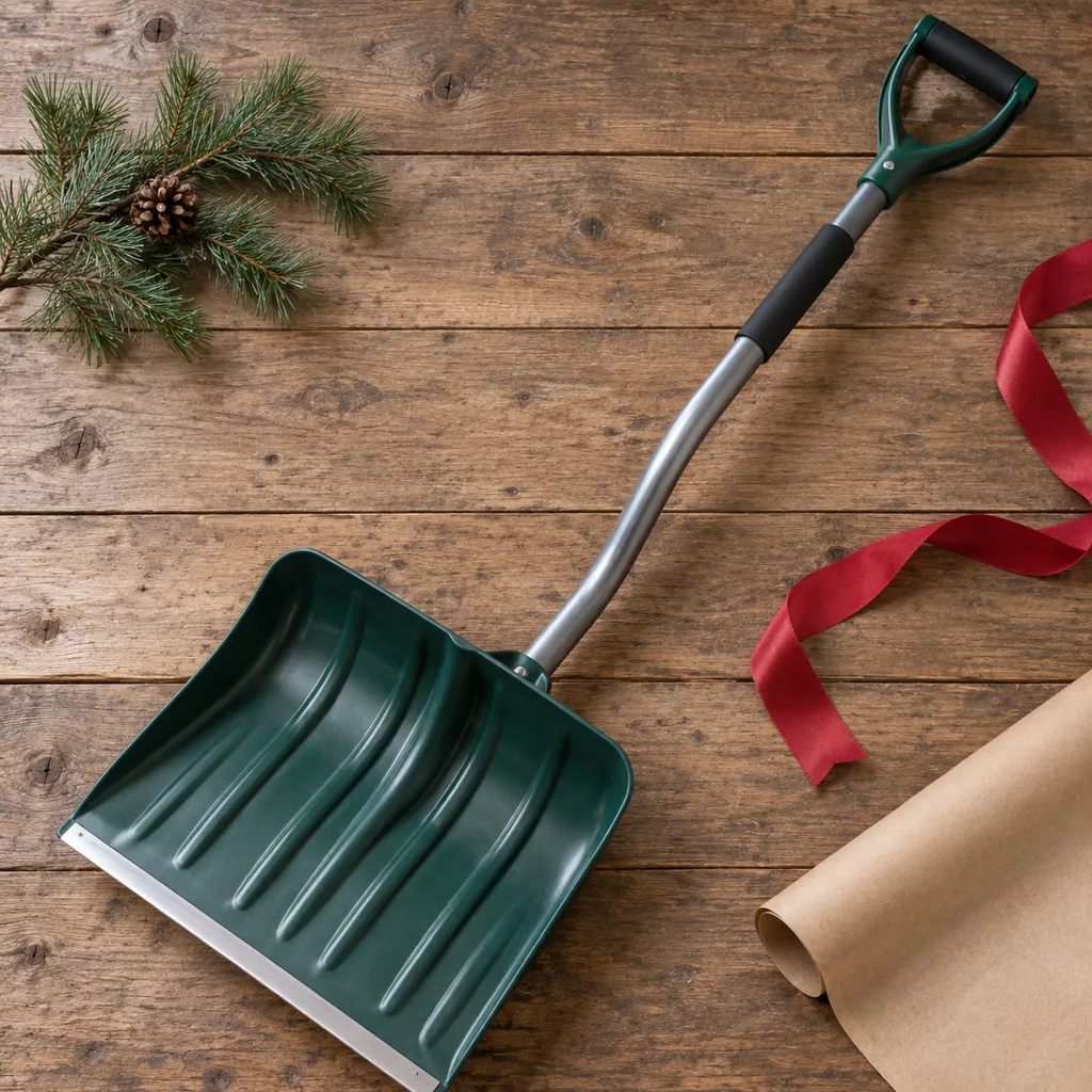 Representative photo-style image of ergonomic handle snow shovel — generated, not a specific product