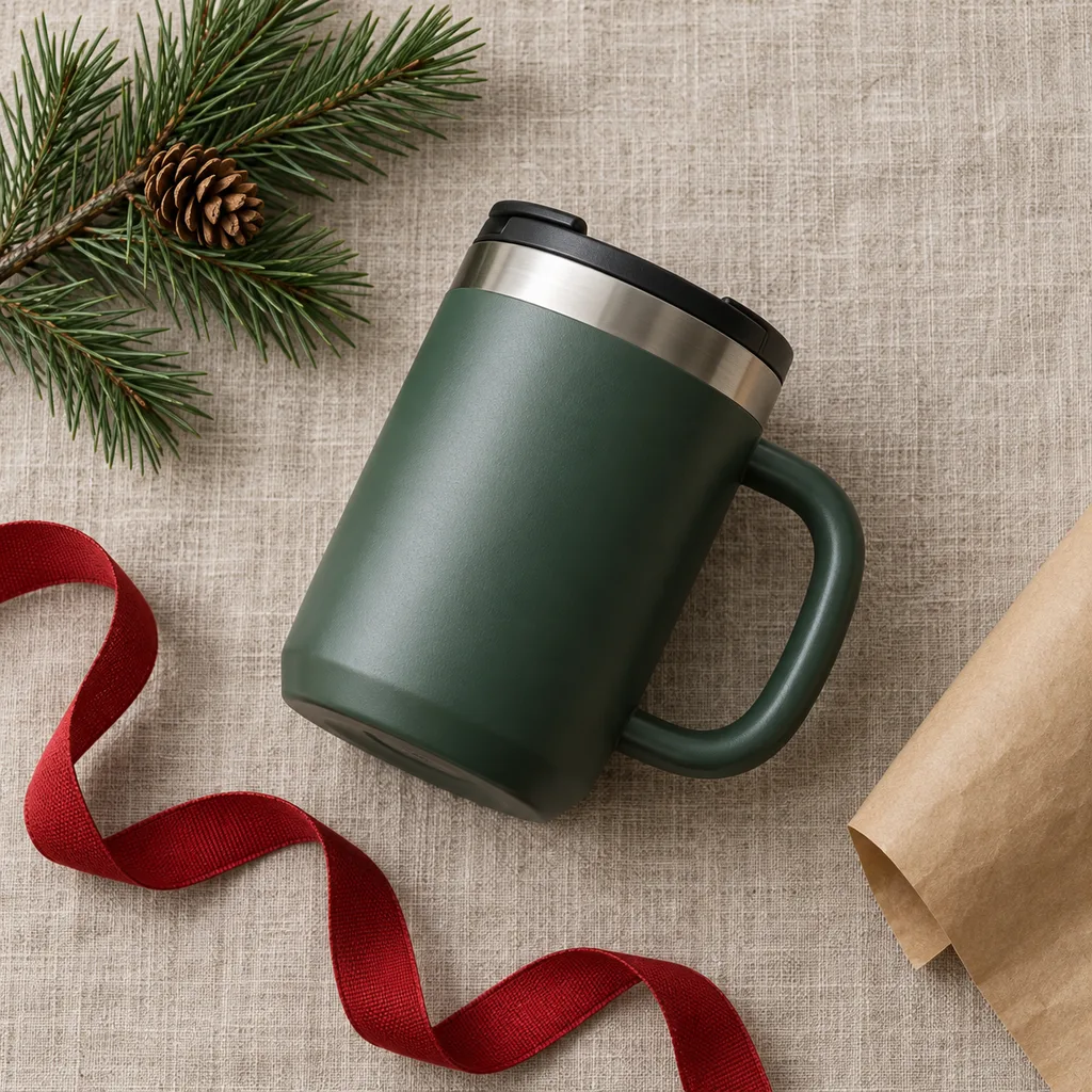 Representative photo-style image of ergonomic handled insulated mug — generated, not a specific product
