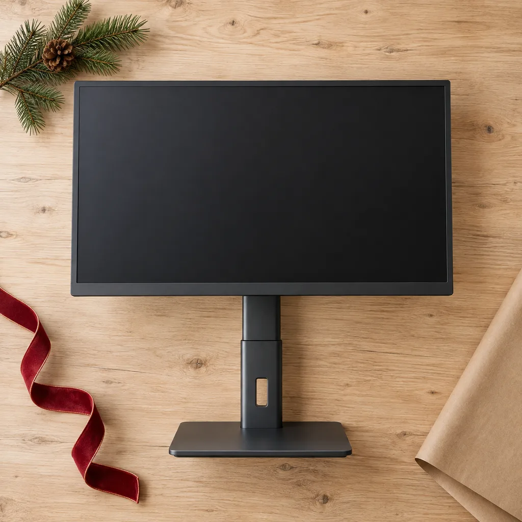 Representative photo-style image of ergonomic height-adjustable monitor — generated, not a specific product