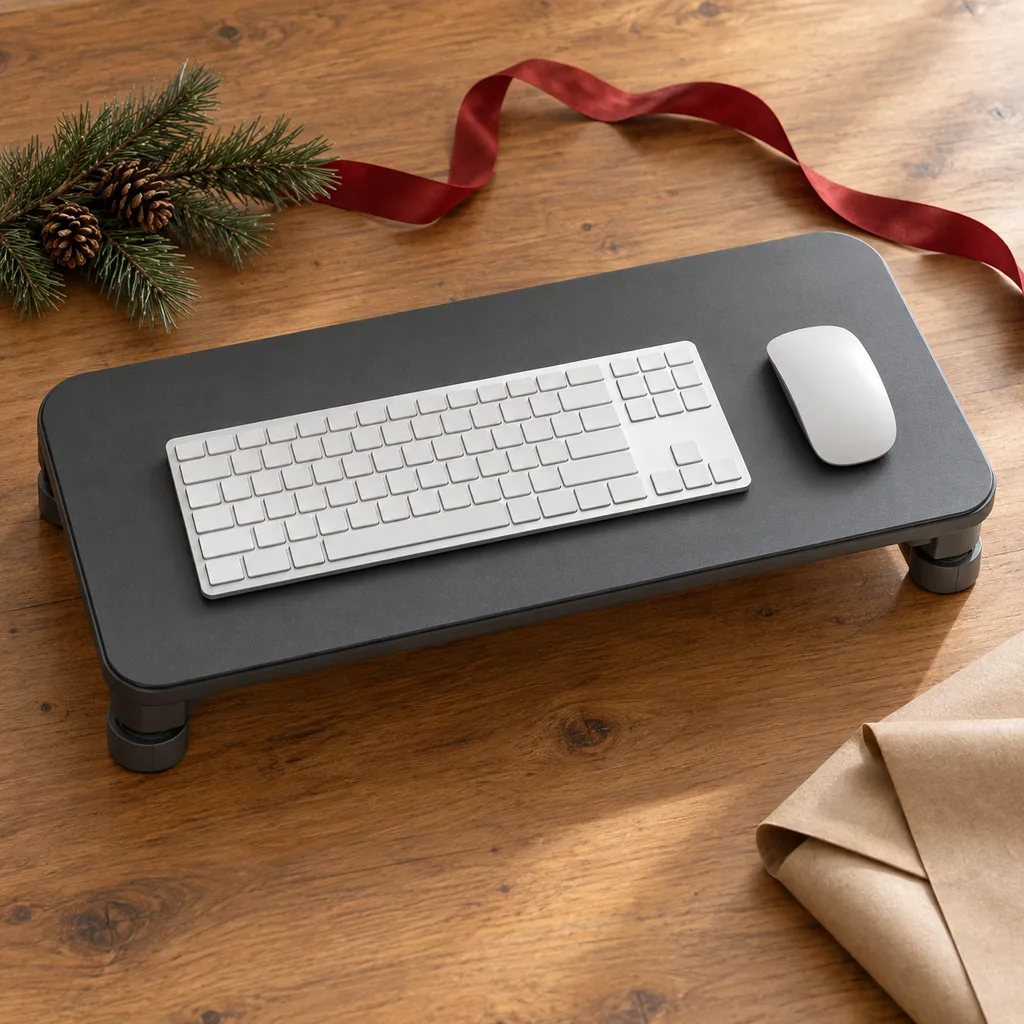 Representative photo-style image of ergonomic keyboard and mouse riser — generated, not a specific product