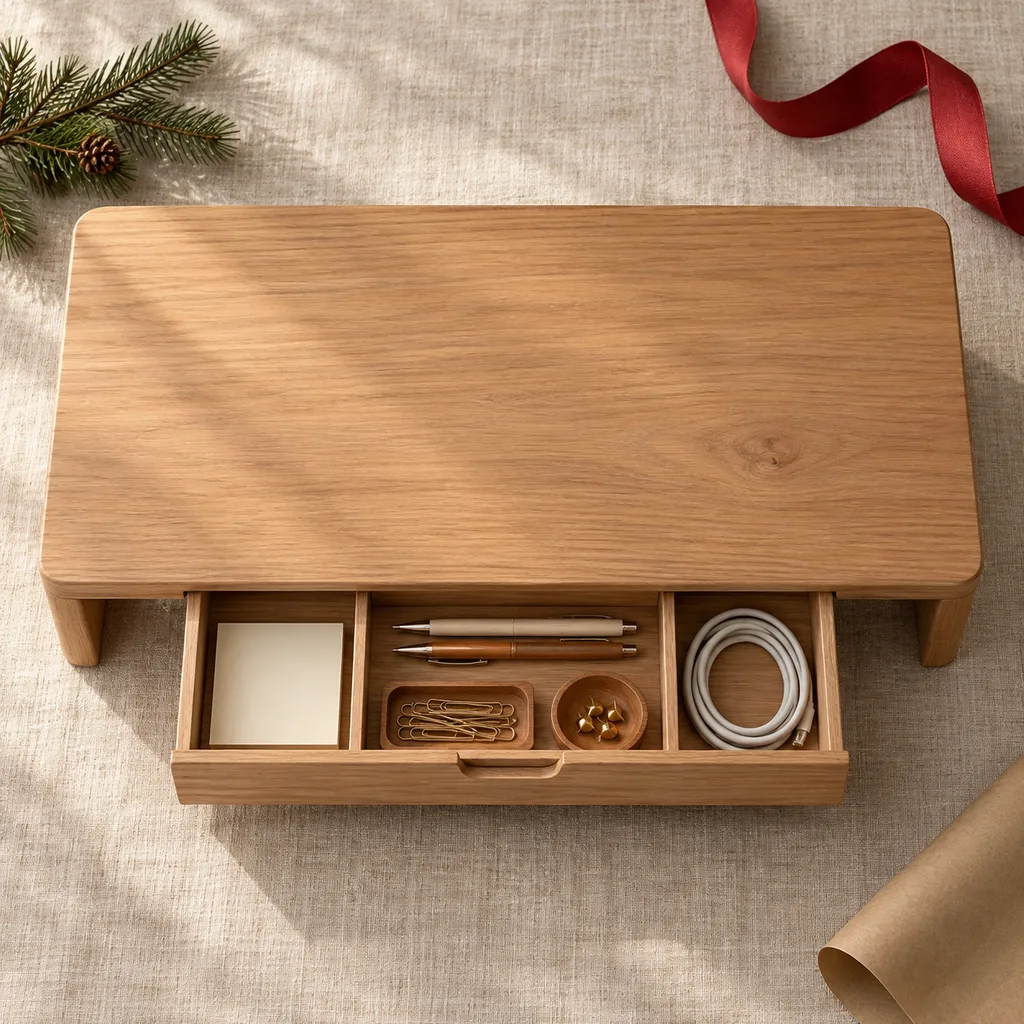 Representative photo-style image of ergonomic monitor stand with storage — generated, not a specific product