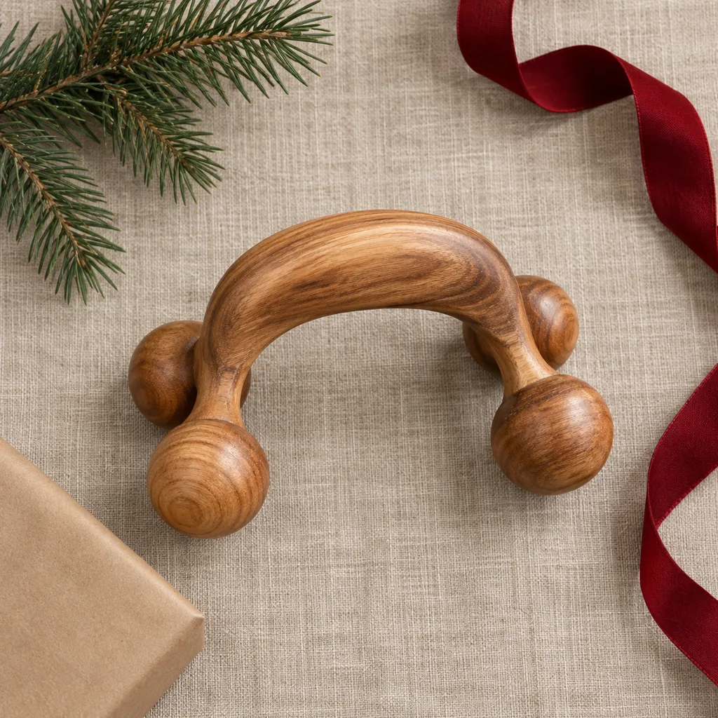 Representative photo-style image of ergonomic wooden handheld massage tool — generated, not a specific product