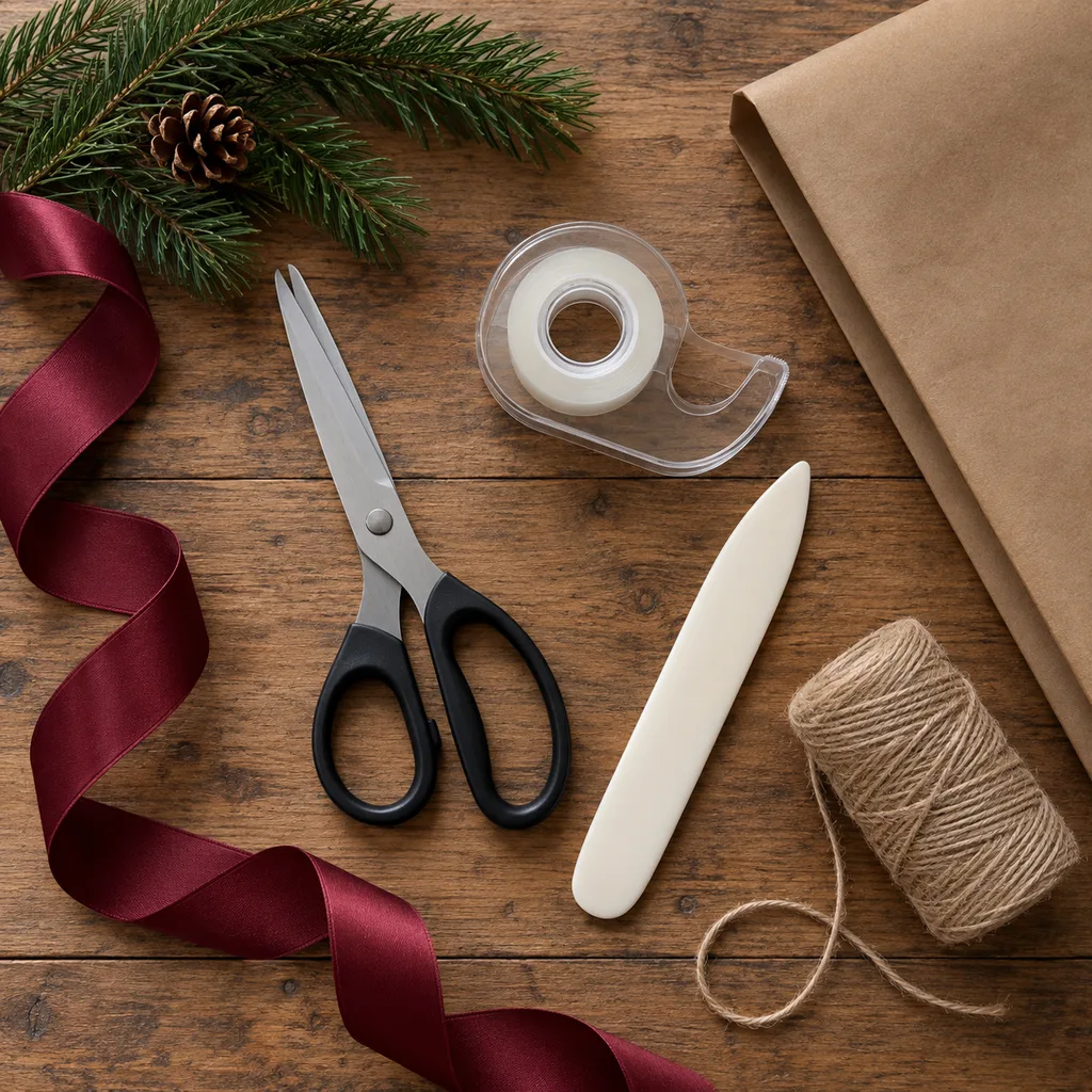 Representative photo-style image of essential gift wrapping tool kit — generated, not a specific product