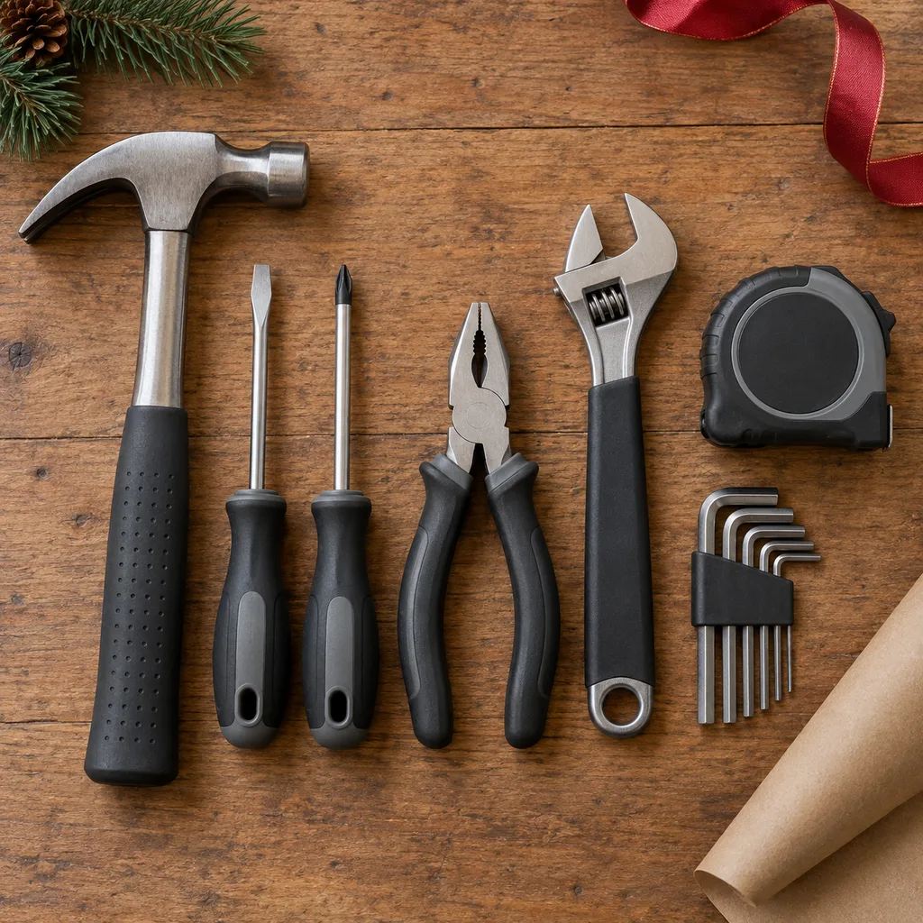 Representative photo-style image of essential home repair tool kit — generated, not a specific product