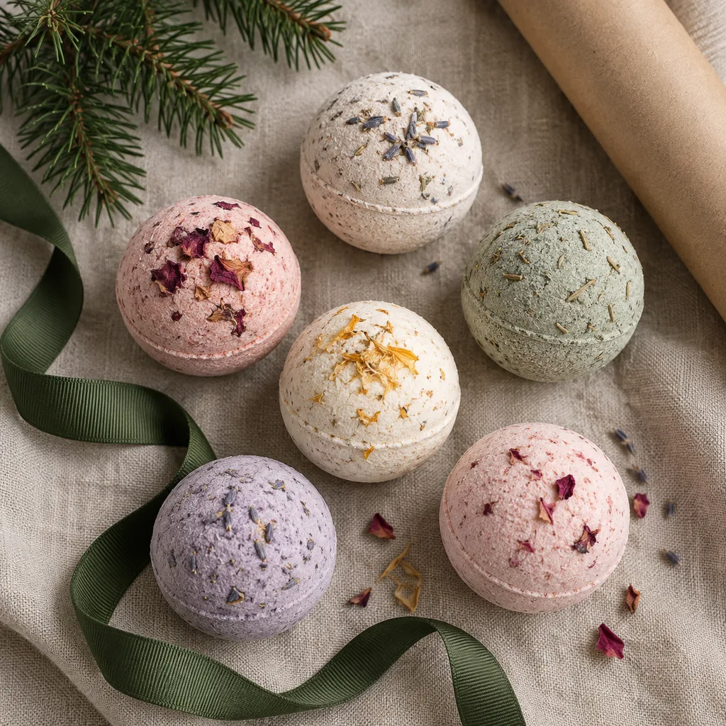Representative photo-style image of essential oil bath bombs — generated, not a specific product