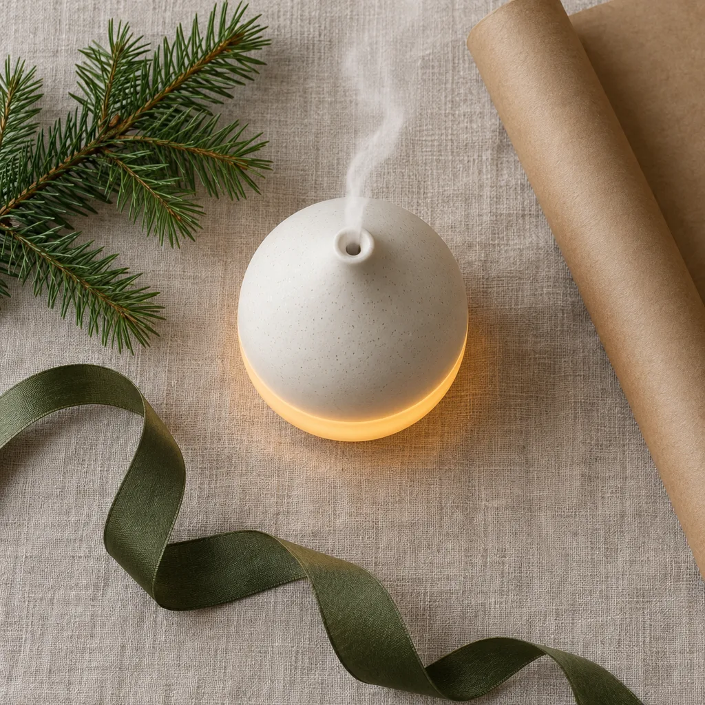 Representative photo-style image of essential oil diffuser with ambient light — generated, not a specific product