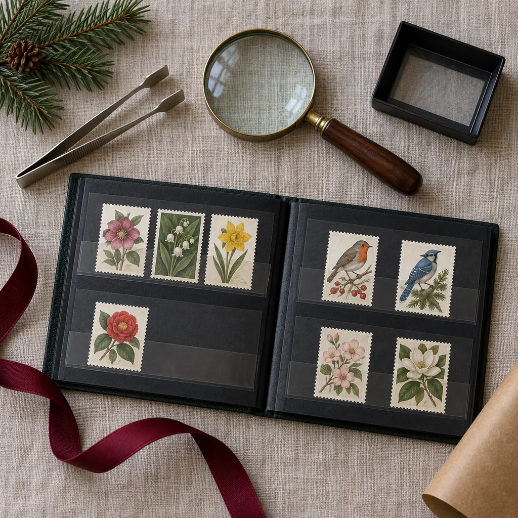 Representative photo-style image of essential philatelic tool kit — generated, not a specific product