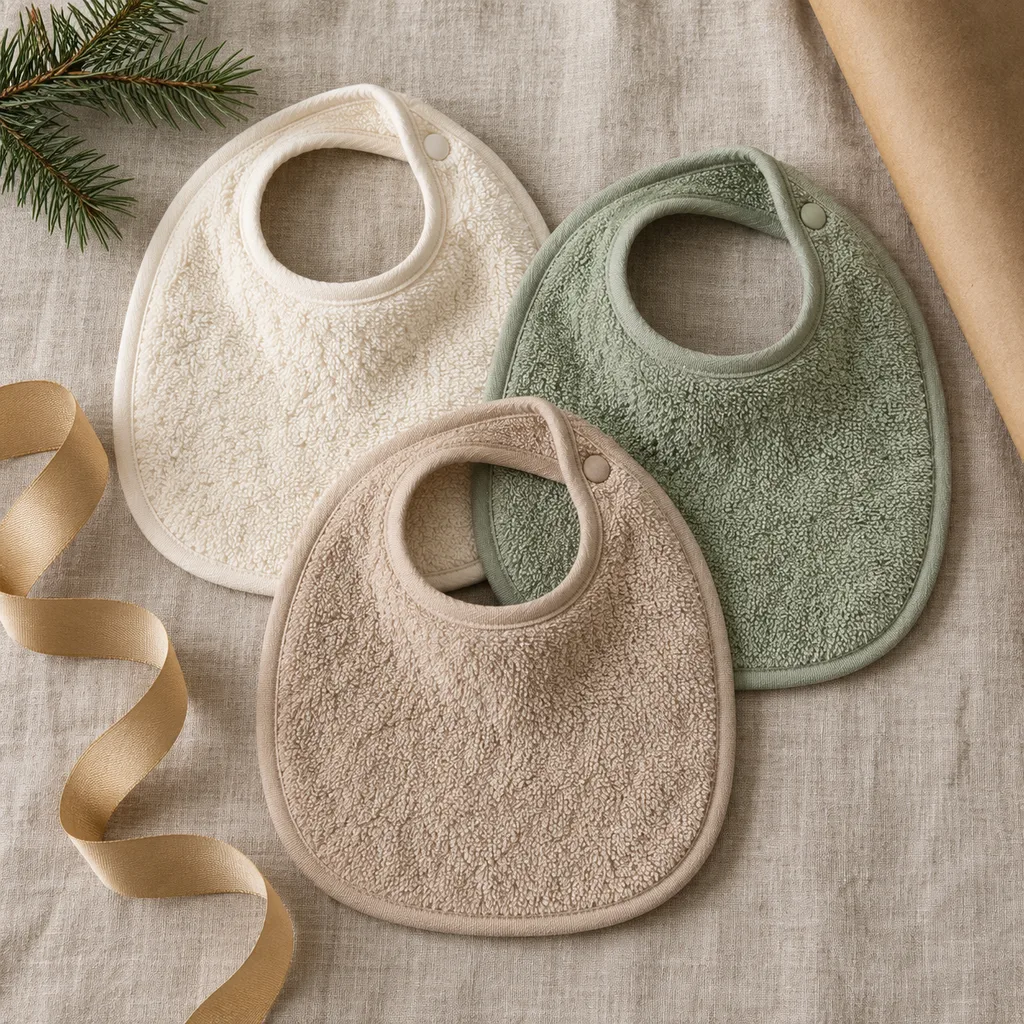 Representative photo-style image of everyday absorbent terry bib set — generated, not a specific product