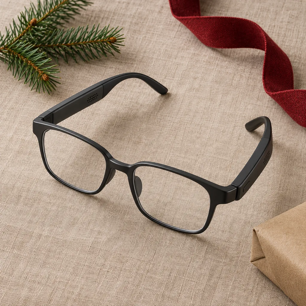 Representative photo-style image of everyday audio smart glasses — generated, not a specific product