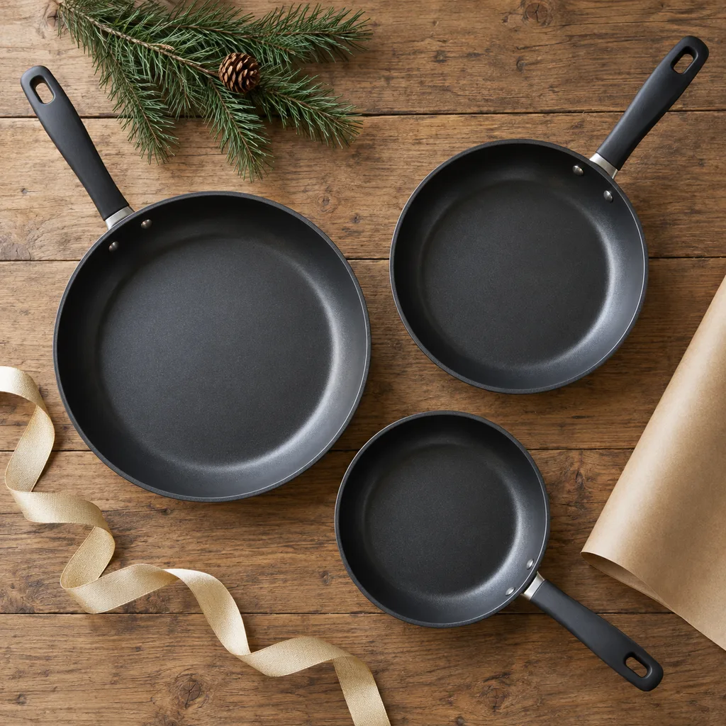 Representative photo-style image of everyday non-stick fry pan set — generated, not a specific product