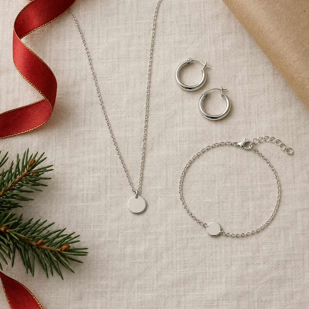 Representative photo-style image of everyday silver tone jewelry set — generated, not a specific product