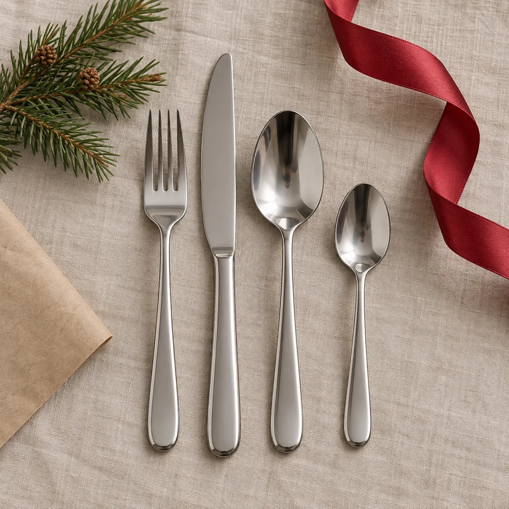 Representative photo-style image of stainless steel flatware — generated, not a specific product