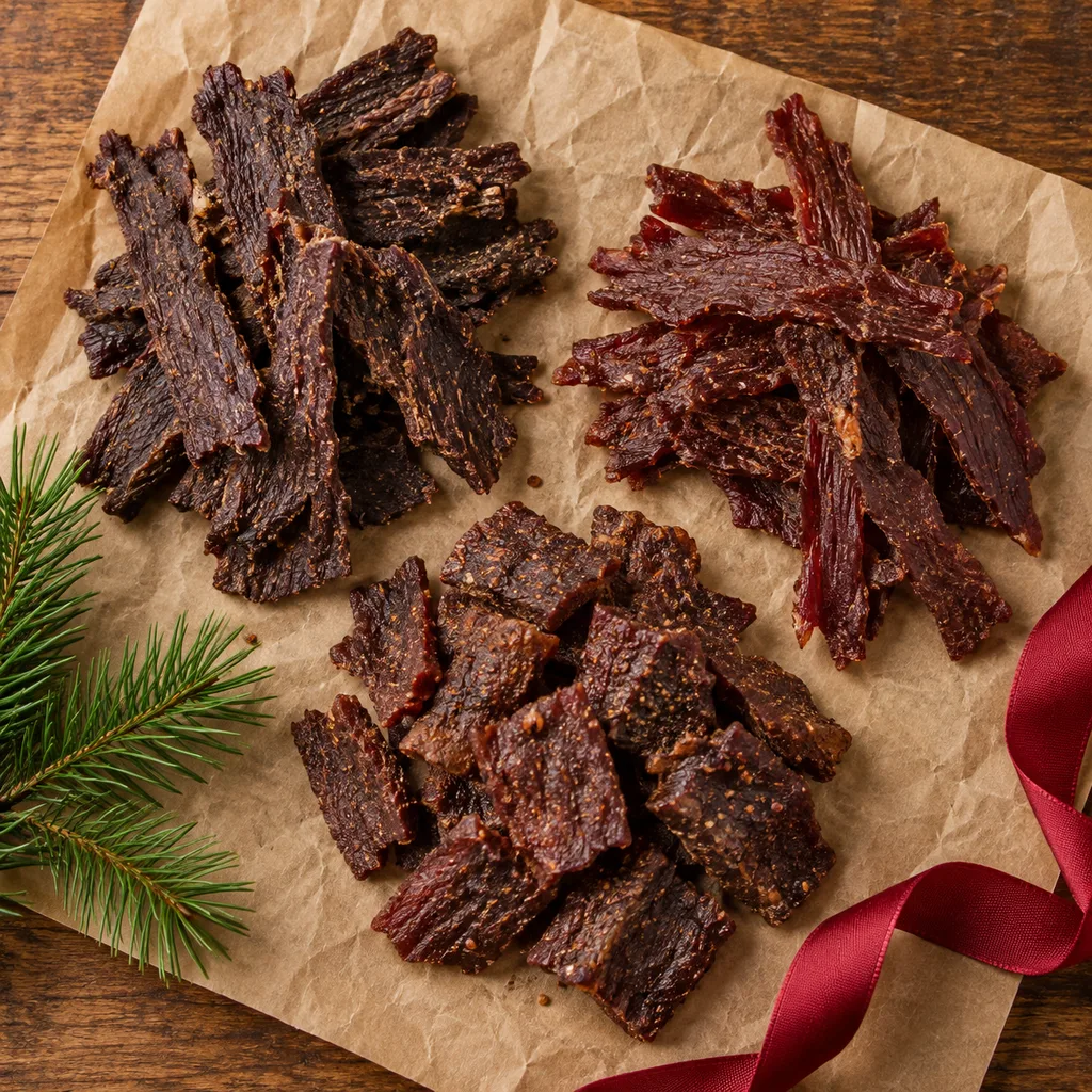Representative photo-style image of exotic meat jerky sampler — generated, not a specific product
