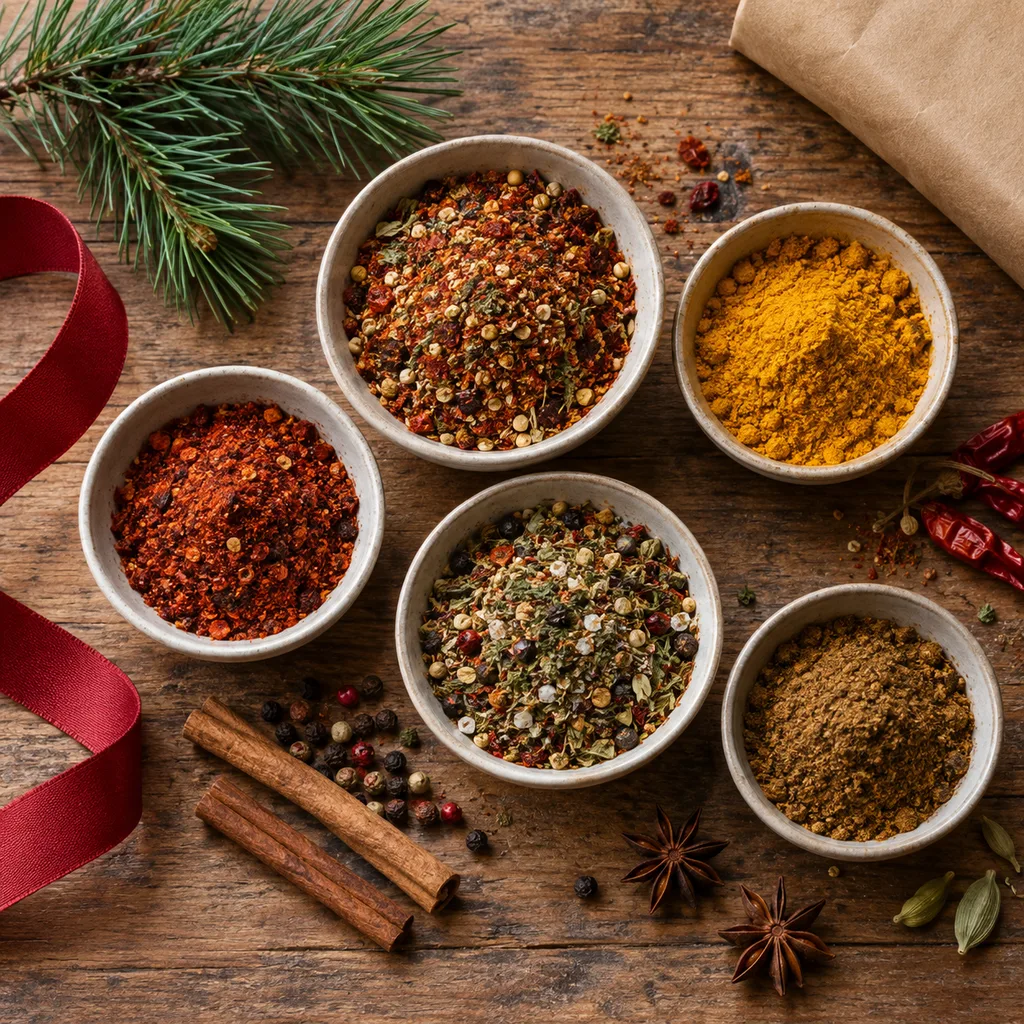 Representative photo-style image of exotic spice blend assortment — generated, not a specific product