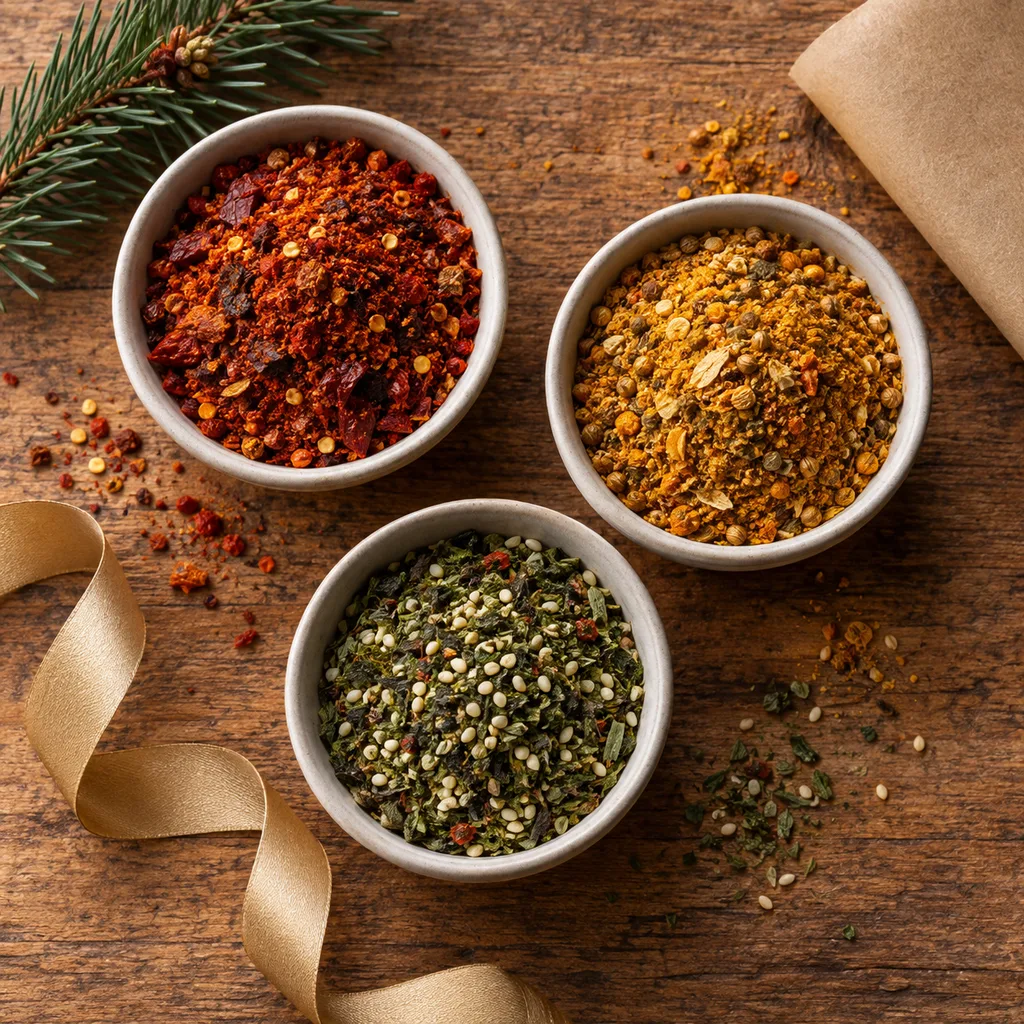 Representative photo-style image of exotic spice rub blends — generated, not a specific product
