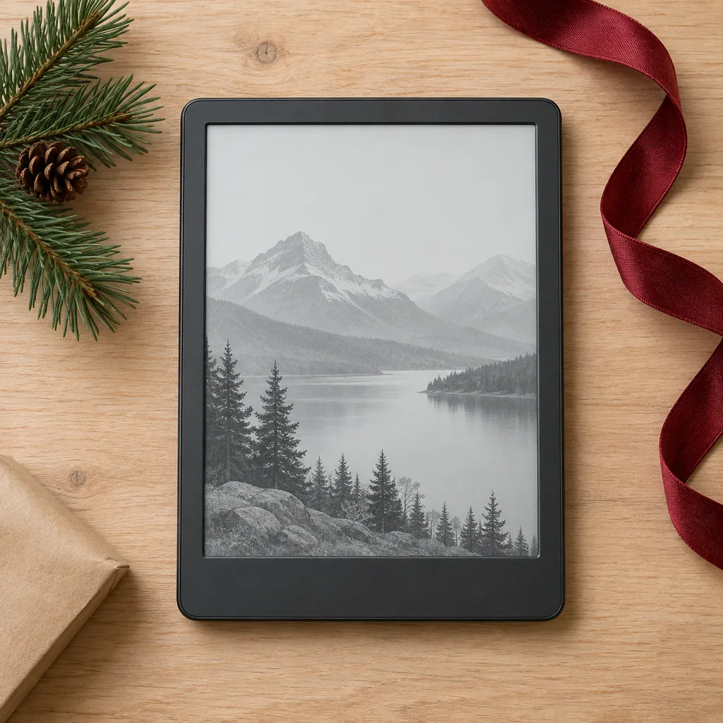 Representative photo-style image of expansive display e-book device — generated, not a specific product