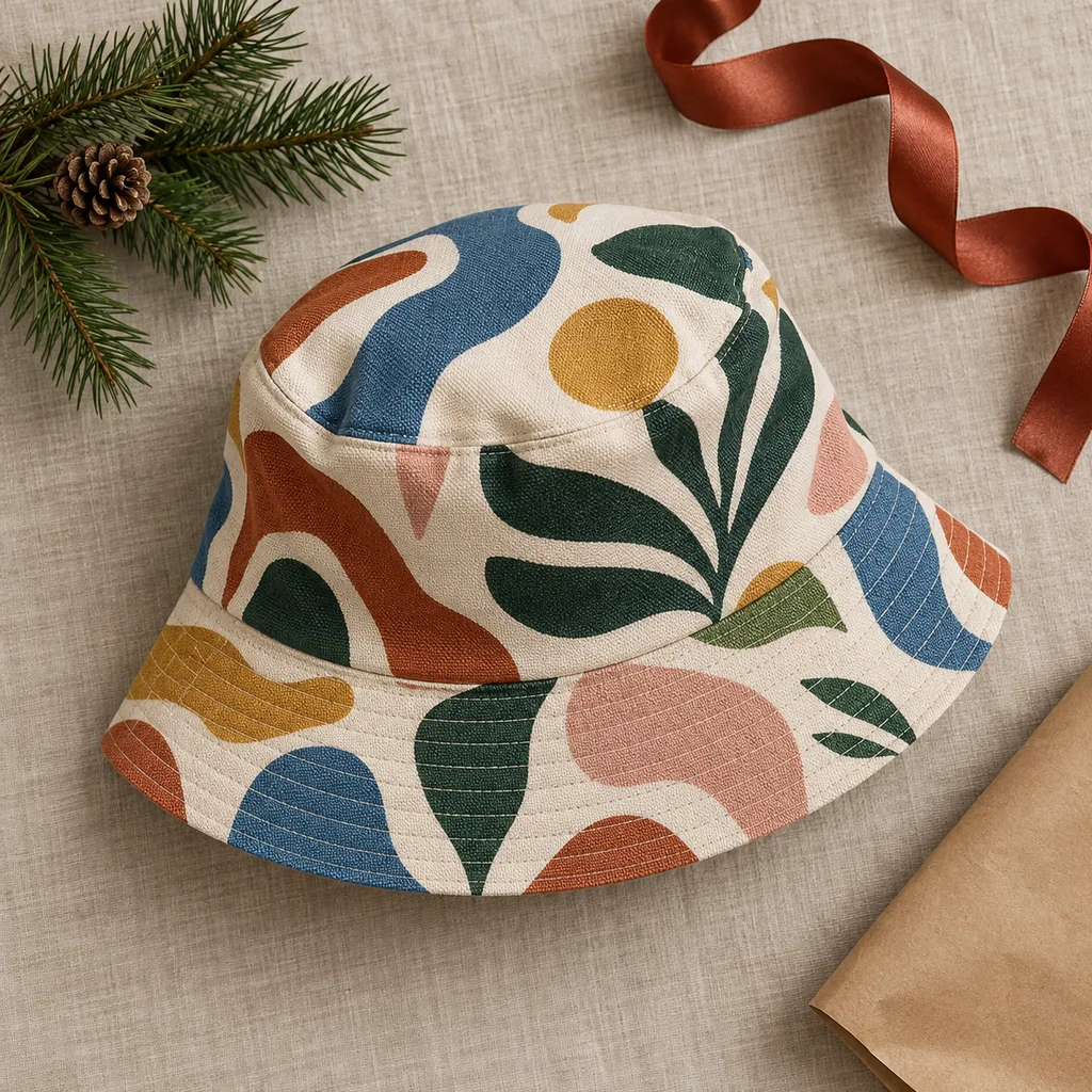 Representative photo-style image of expressive patterned canvas bucket hat — generated, not a specific product