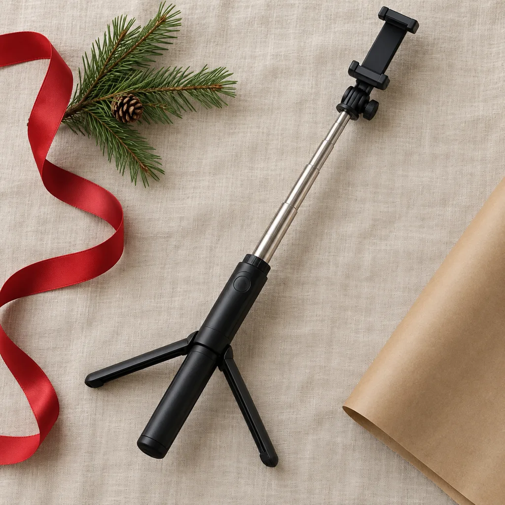 Representative photo-style image of extendable selfie stick with tripod — generated, not a specific product
