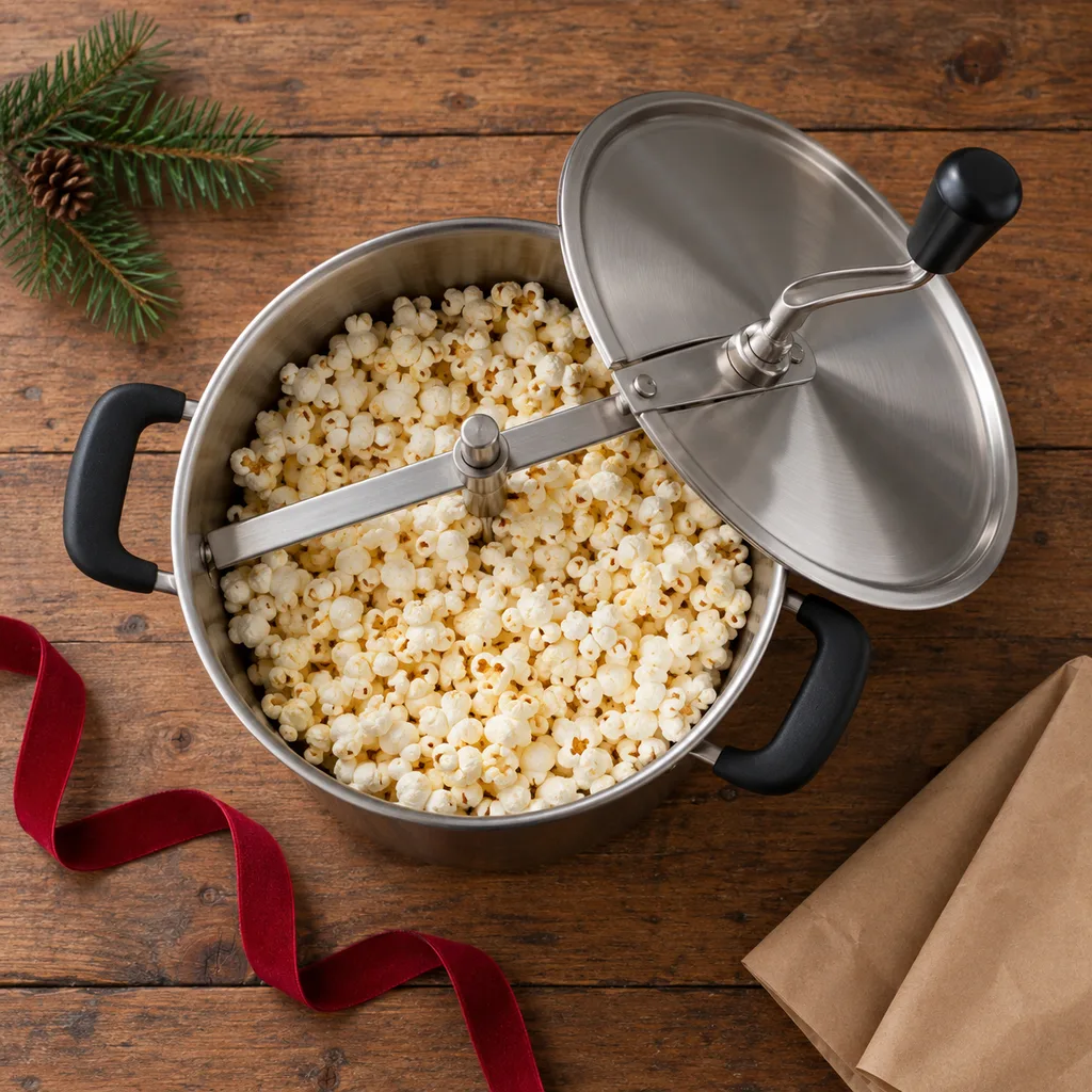 Representative photo-style image of family size popcorn popper — generated, not a specific product