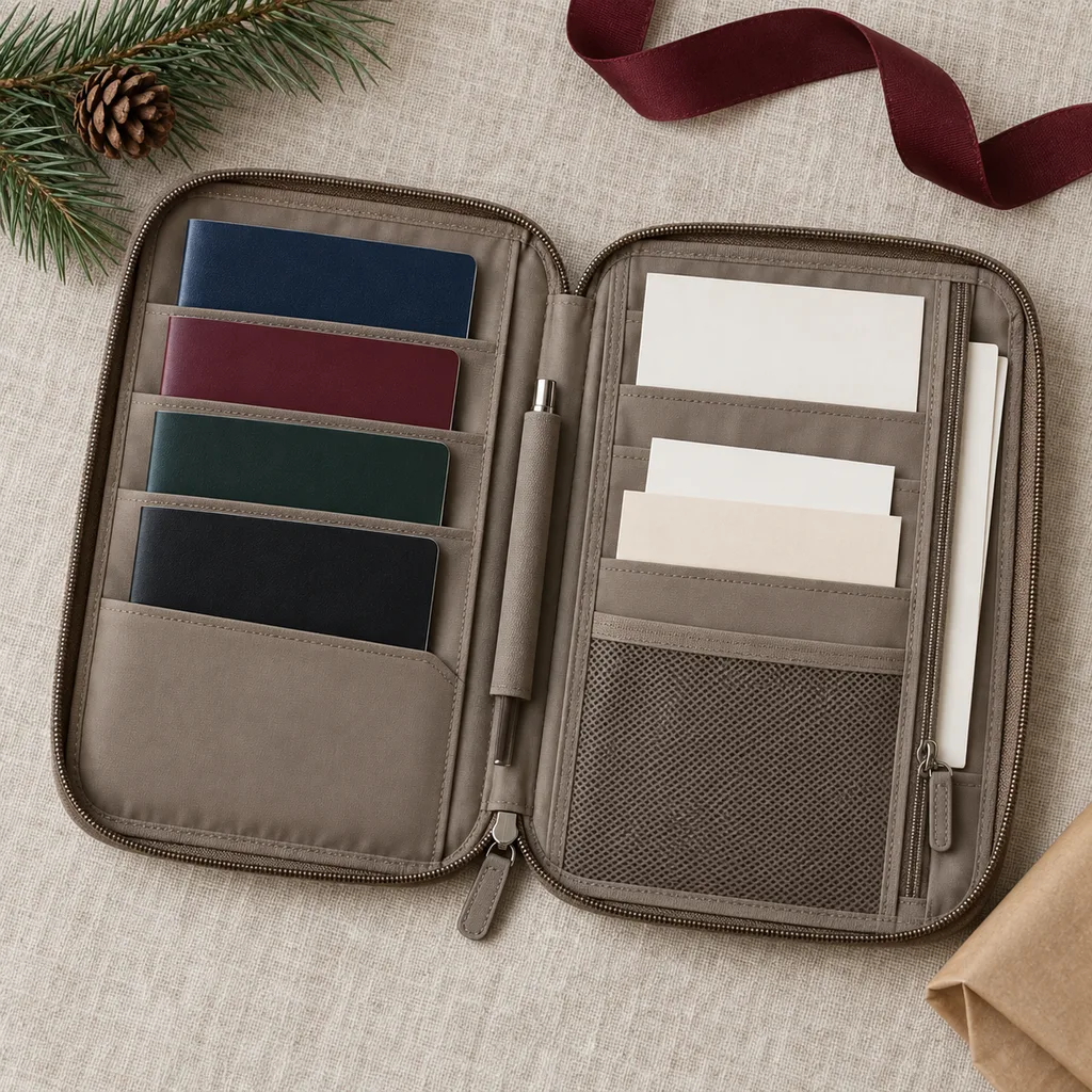 Representative photo-style image of family travel document organizer — generated, not a specific product