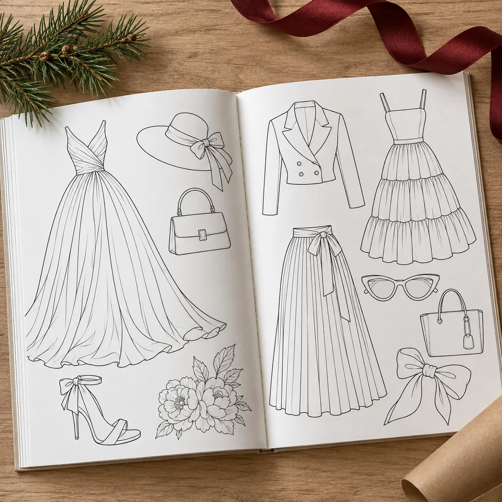 Representative photo-style image of fashion design coloring book — generated, not a specific product